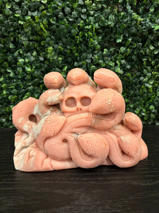 Pink Opal Medusa Skull Carving